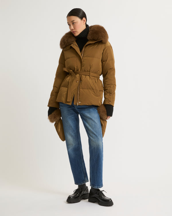 Belted technical fabric down jacket with detachable fox fur collar