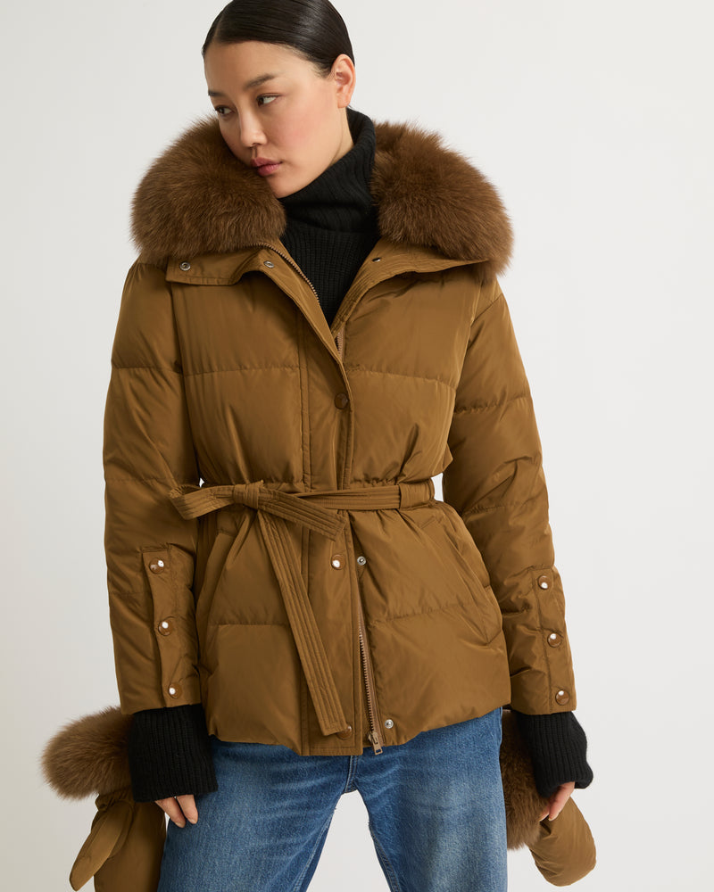 Belted technical fabric down jacket with detachable fox fur collar