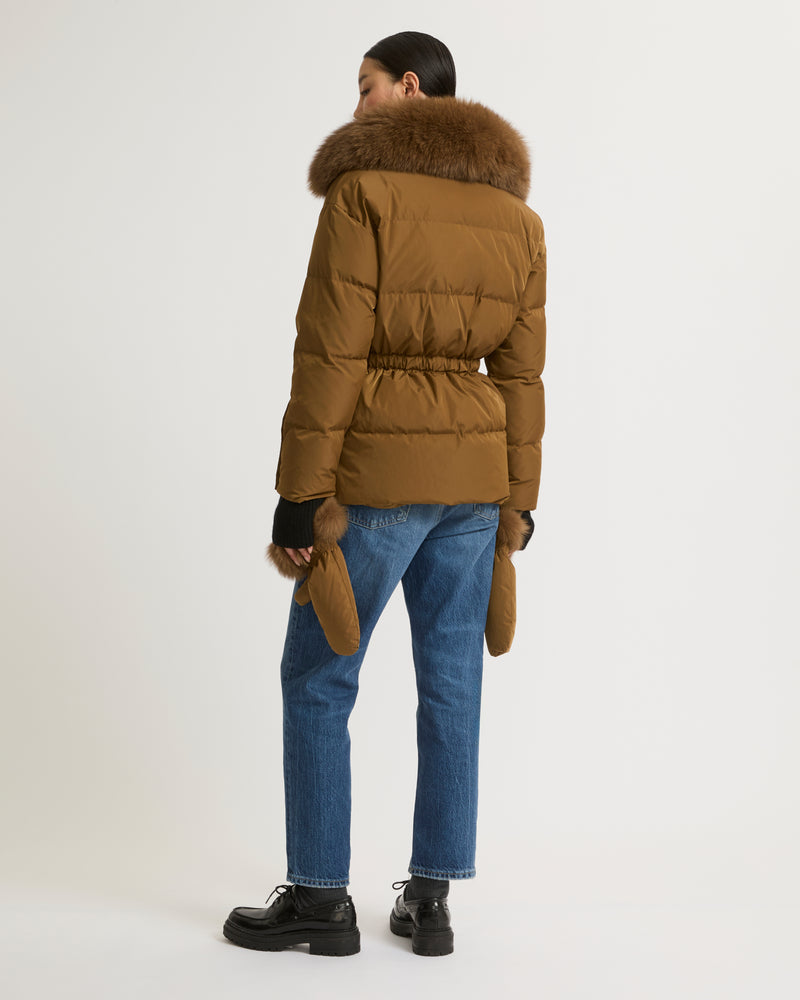 Belted technical fabric down jacket with detachable fox fur collar