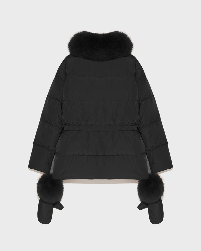 Belted technical fabric down jacket with detachable fox fur collar