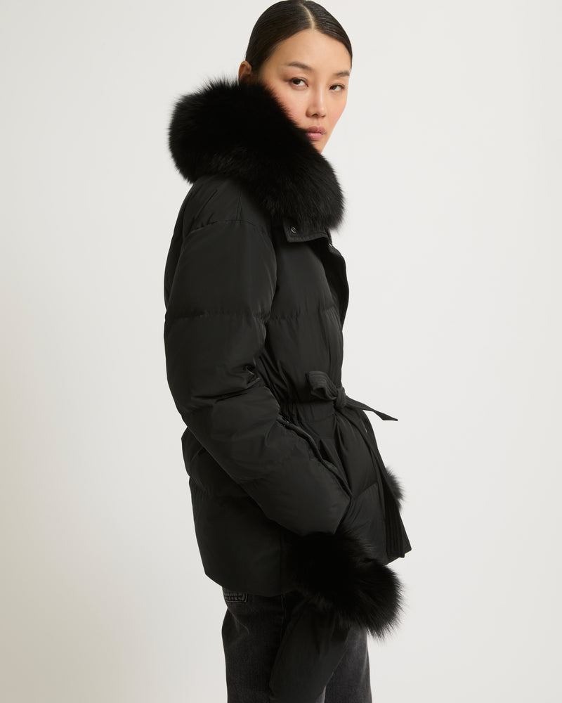 Belted technical fabric down jacket with detachable fox fur collar