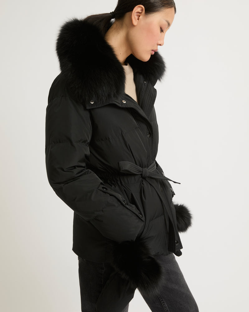 Belted technical fabric down jacket with detachable fox fur collar