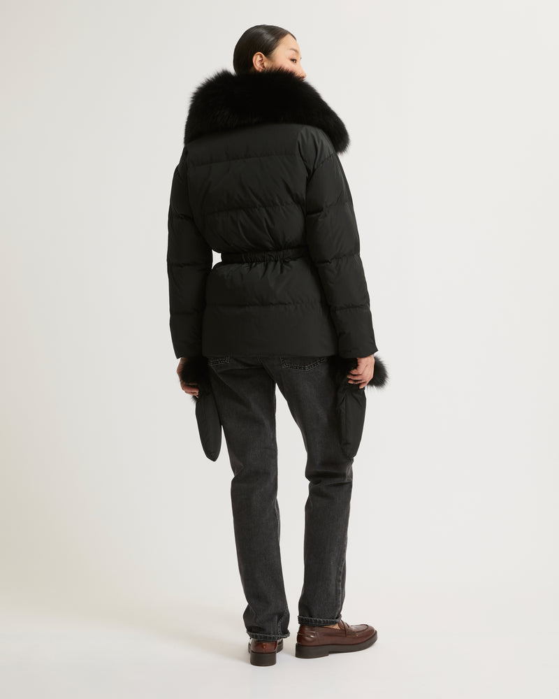 Belted technical fabric down jacket with detachable fox fur collar