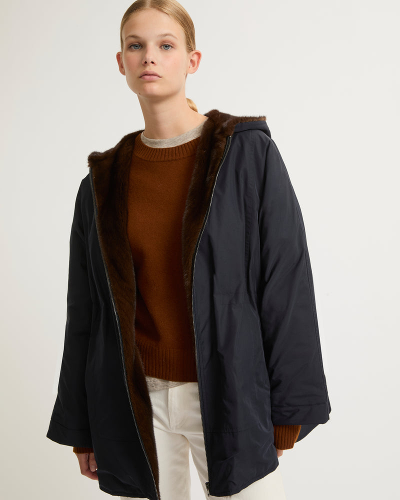 Cape jacket in technical fabric and long-haired mink fur