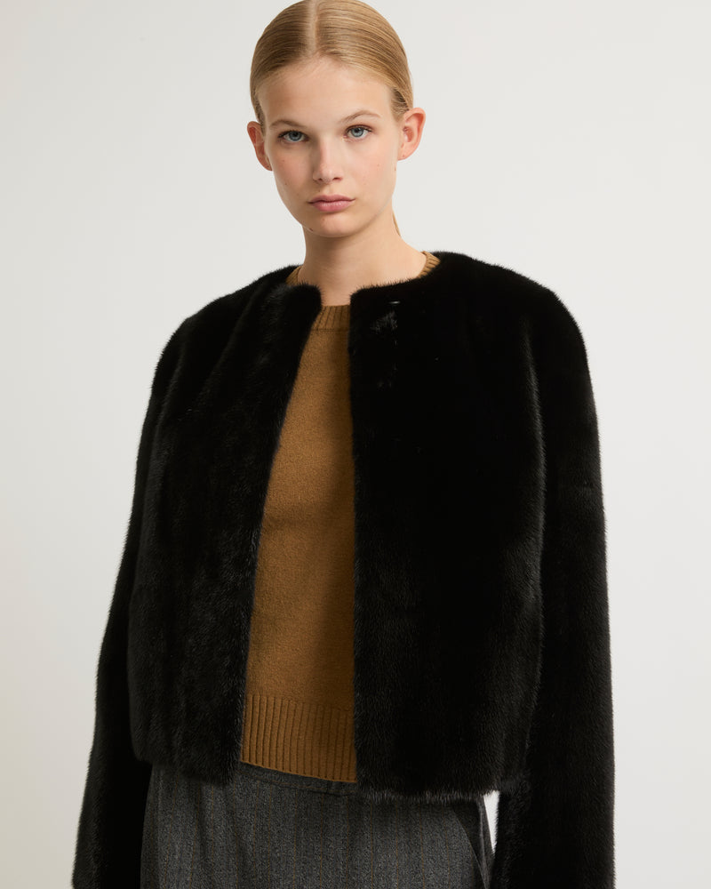 Long-haired mink fur round neck jacket