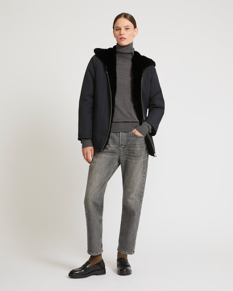 Reversible hooded jacket in rex fur and technical fabric