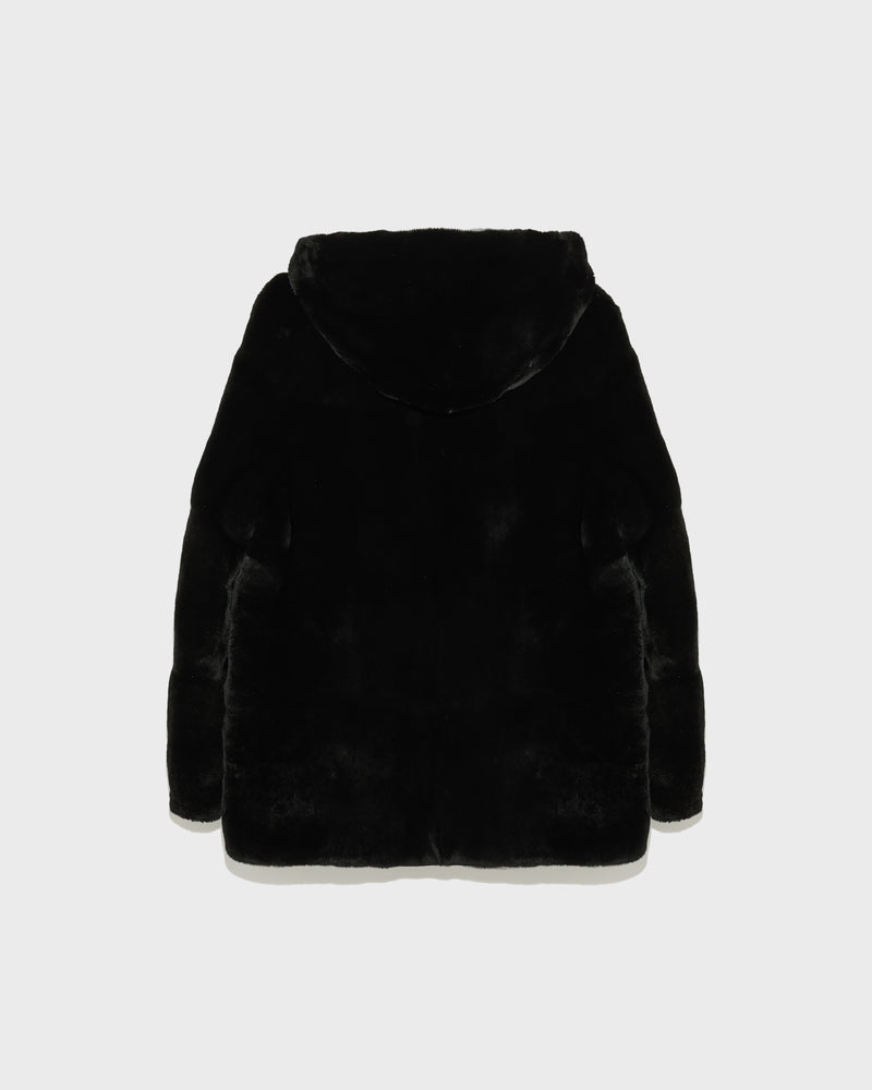 Reversible hooded jacket in rex fur and technical fabric