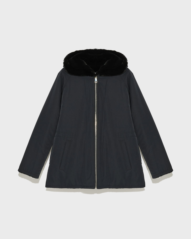 Reversible hooded jacket in rex fur and technical fabric