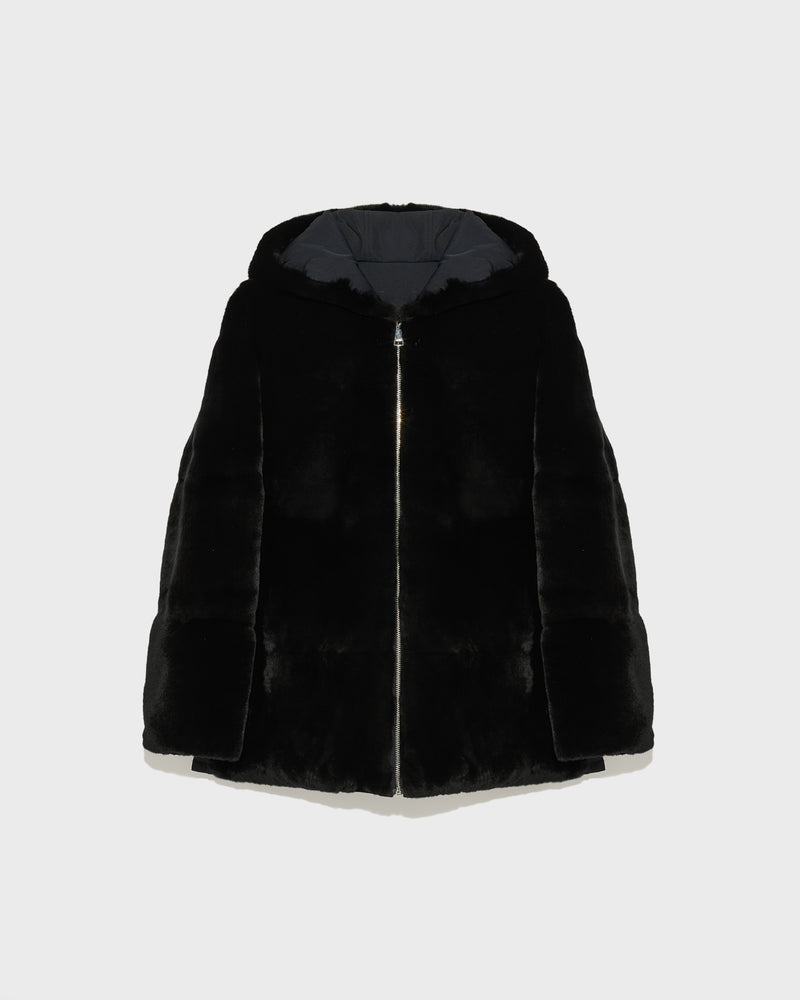 Reversible hooded jacket in rex fur and technical fabric