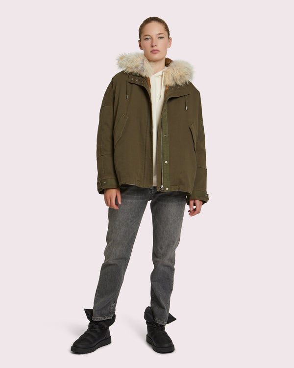 Parka courte classique en coton avec fourrure de coyote et lapin-Yves Salomon - Soldes d'hiver - Winter Sale