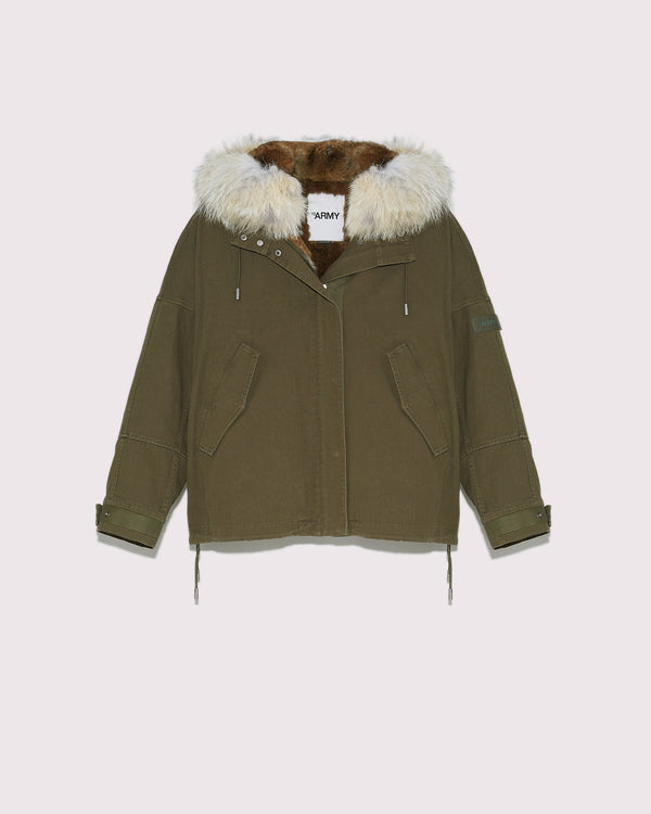 Parka courte classique en coton avec fourrure de coyote et lapin-Yves Salomon - Soldes d'hiver - Winter Sale