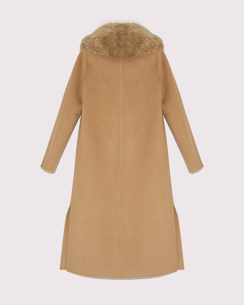 Manteau long Lainage cachemire et col fourrure de renard - camel