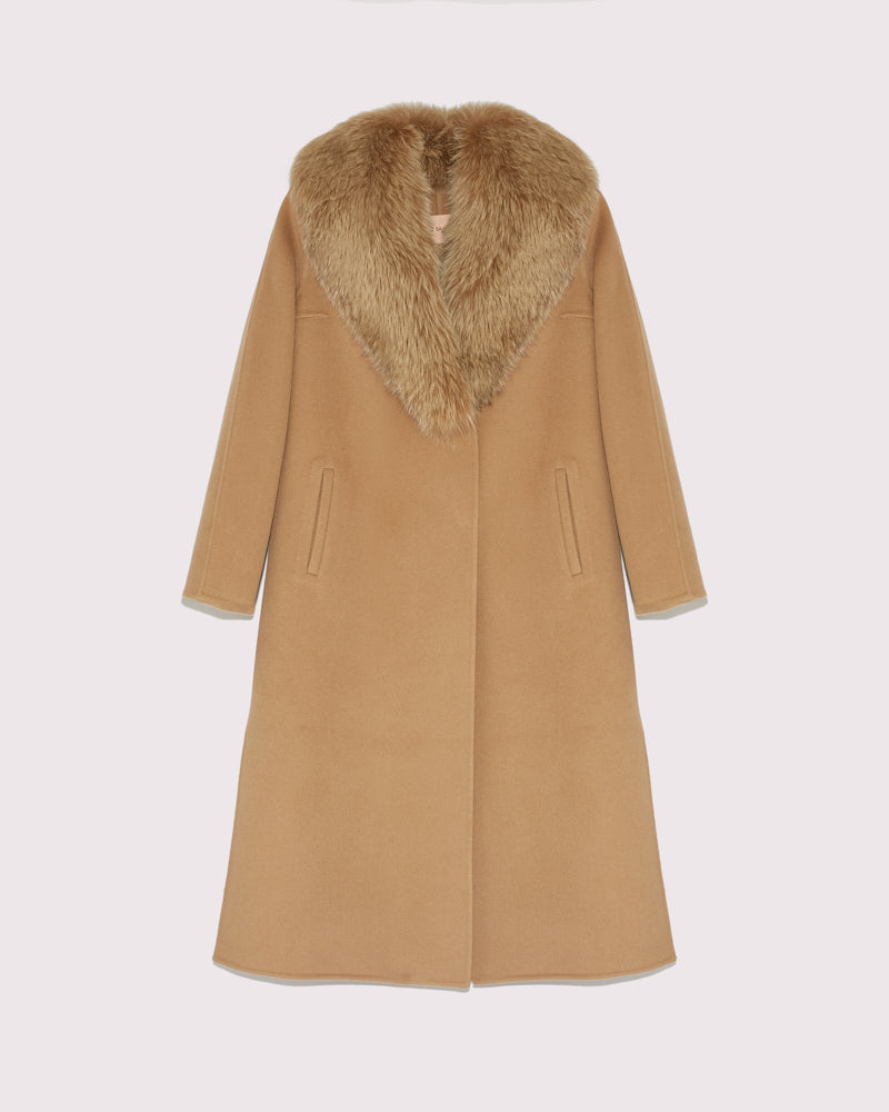 Manteau long Lainage cachemire et col fourrure de renard - camel